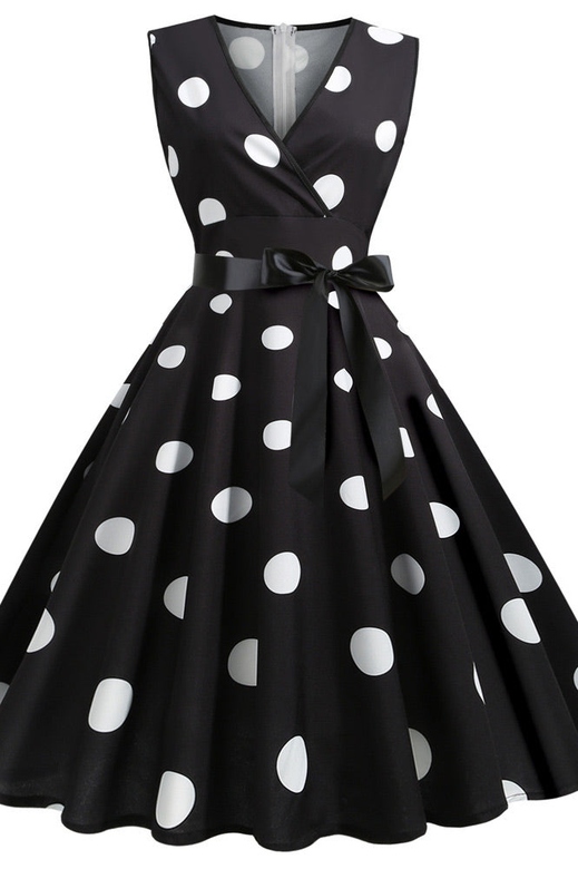 Black and White Polka Dot Sleeveless Swing Dresses for Timeless Elegance