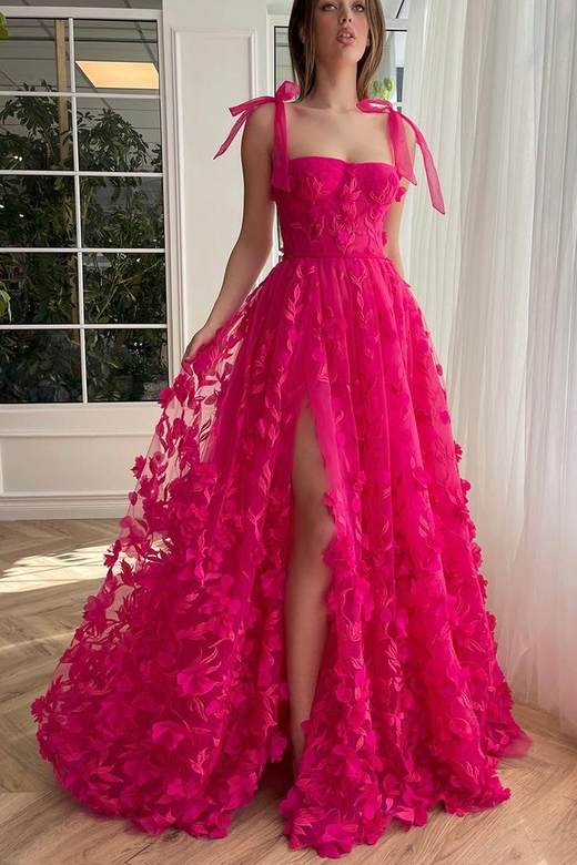 Square Neck Lace Appliqued Tulle A-Line Long Prom Evening Gown