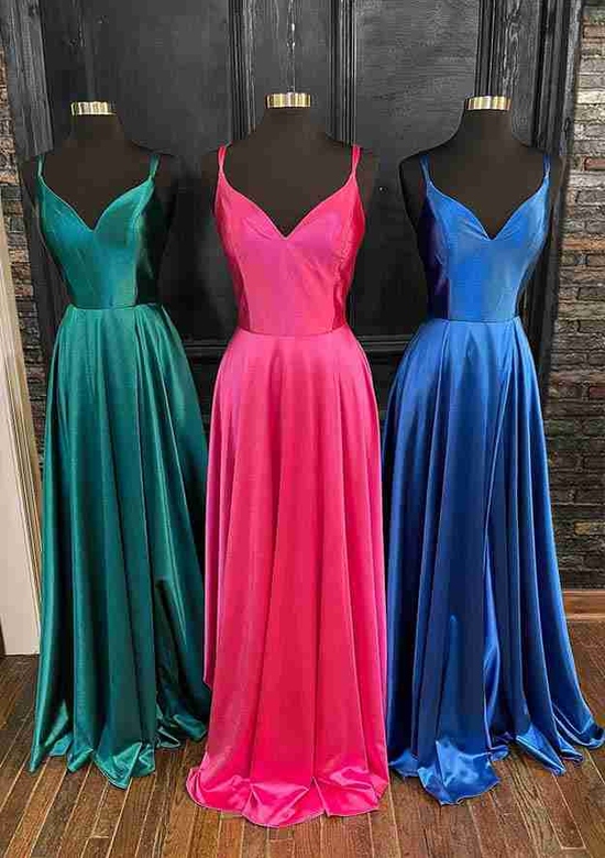 A-Line V-Neck Spaghetti Straps Long Silk-Like Satin Pockets Prom Dress