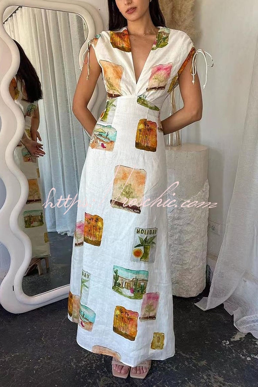 Art Summer Linen Blend Unique Print Drawstring Shoulder Maxi