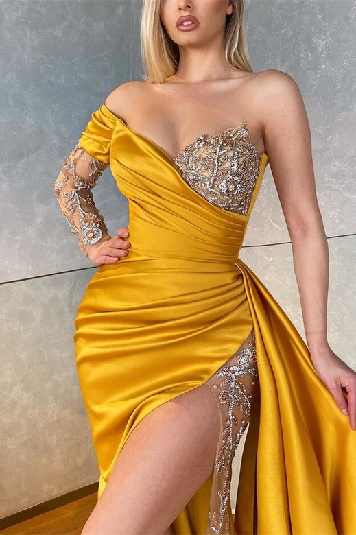 Long Sleeves Yellow Split Sequins Beads Mermaid Prom Dress