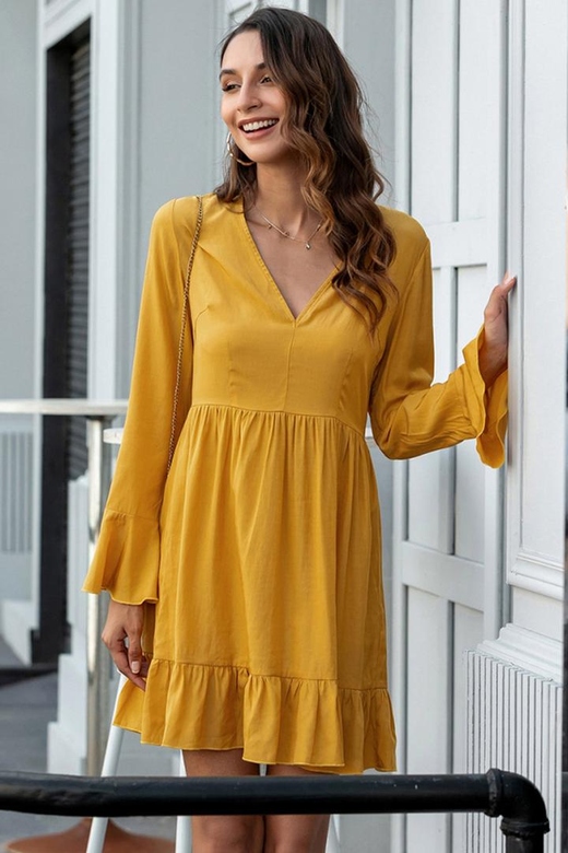 Solid V-neck Flared Sleeve Dress for Graceful Movement