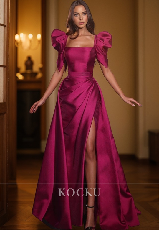 Classic & Timeless Short Sleeves A-Line Split Satin Prom Gown