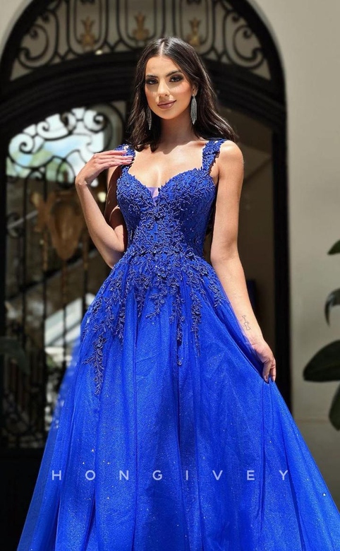 Sparkly Floral Appliqued With Train Prom Formal Party Evening Gown