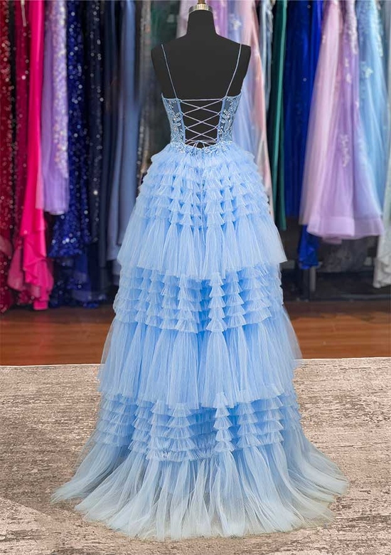 A-Line Bateau Sleeveless Appliqued Beading Ruffles Tulle Floor-Length Skirt Prom Dress