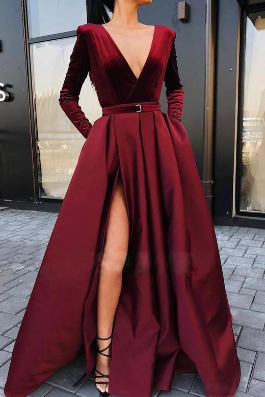 Burgundy Deep V-Neck Long Sleeve A-Line Evening Prom Dresses for Dramatic Elegance