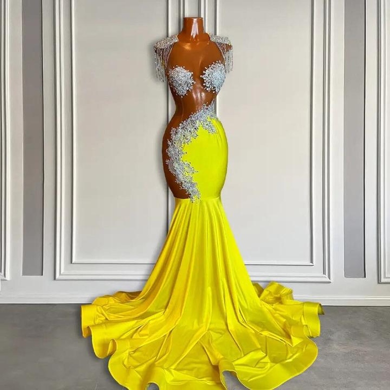 Beautiful Yellow Long Scoop Mermaid Prom Dresses with Tassels