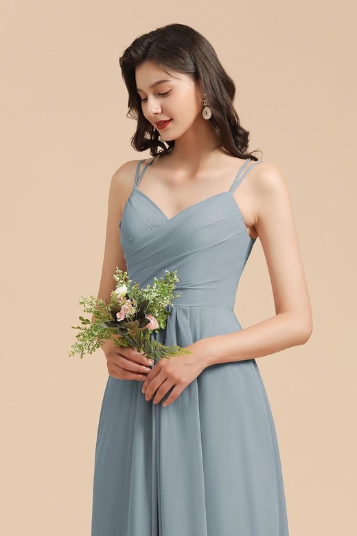 Affordable V-Neck Ruffle Dusty Blue Chiffon Bridesmaid Dresses