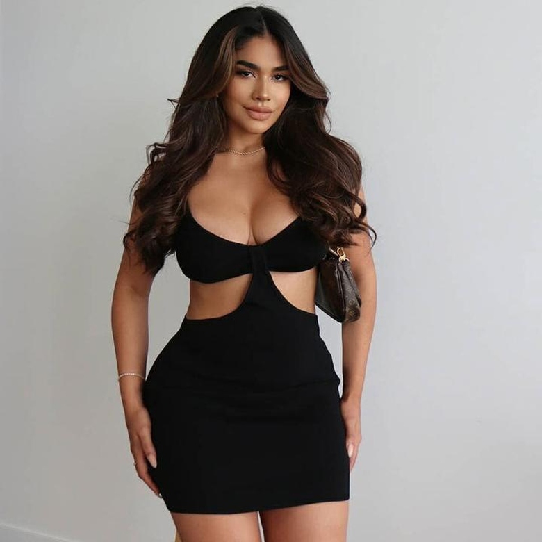 Trendy Ribbed Deep V-Neck Cut Out Party Mini Dress in Black