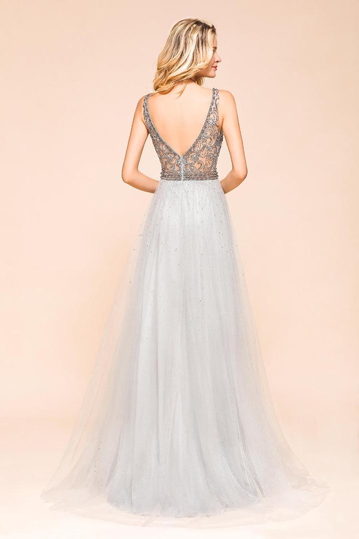 Charming V-Neck Crystals Tulle Long Prom Dress On Sale