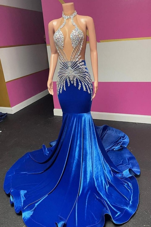 Royal Blue Halter Velvet Mermaid Silver Beaded Prom Dress