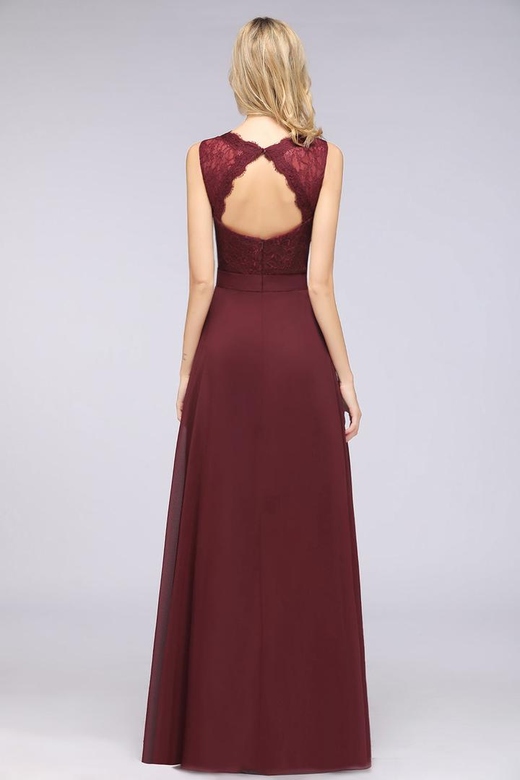 Modest Chiffon V-Neck Burgundy Lace Bridesmaid Dresses