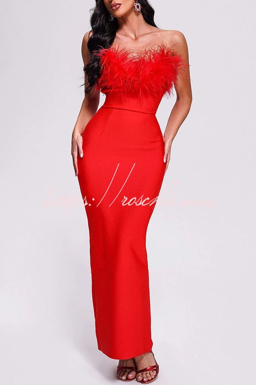 Sivir Feather Off Shoulder Slit Maxi Dress