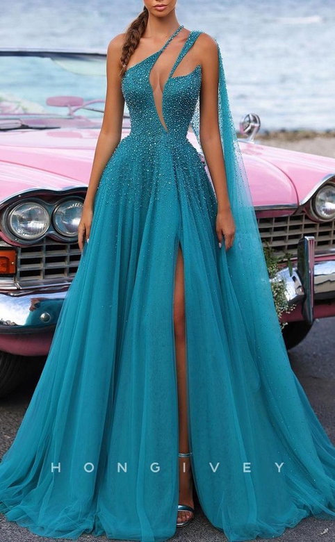 Alluring Tulle One Shoulder Sleeveless Illusion Beaded Side Slit Prom