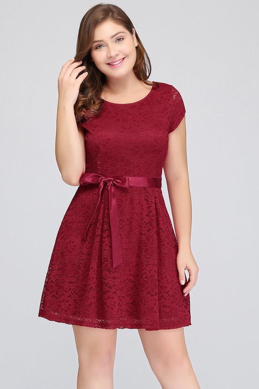 Plus Size A-Line Jewel Burgundy Lace Short Sleeve Bridesmaid Dresses