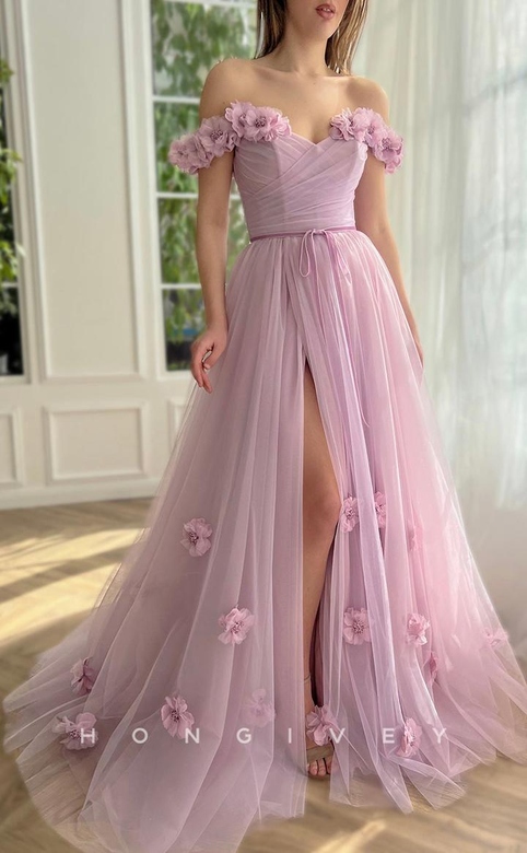 Sweet Floral Lace-Up Back Train Slit Party Prom Evening Dress