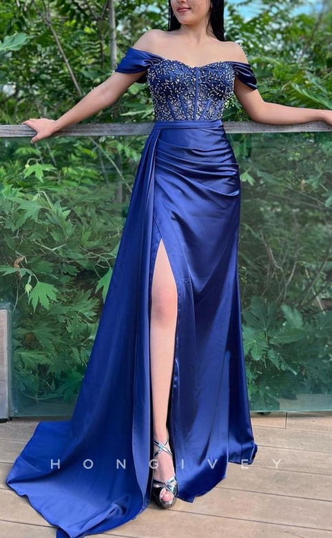 Sexy Satin Off-Shoulder Empire Pleats Train Party Prom Evening Dress