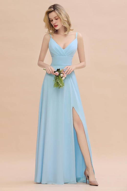 Affordable Spaghetti-Straps Slit Long Chiffon Bridesmaid Dresses