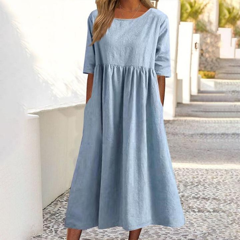 Plain Loose Pocket Midi Dress for Everyday Convenience