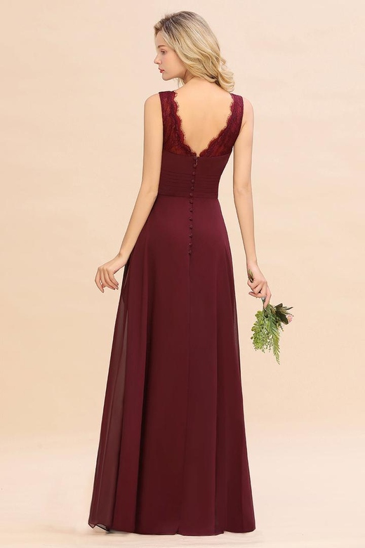 Elegant Lace V-Neck Burgundy Chiffon Ruffle Bridesmaid Dresses