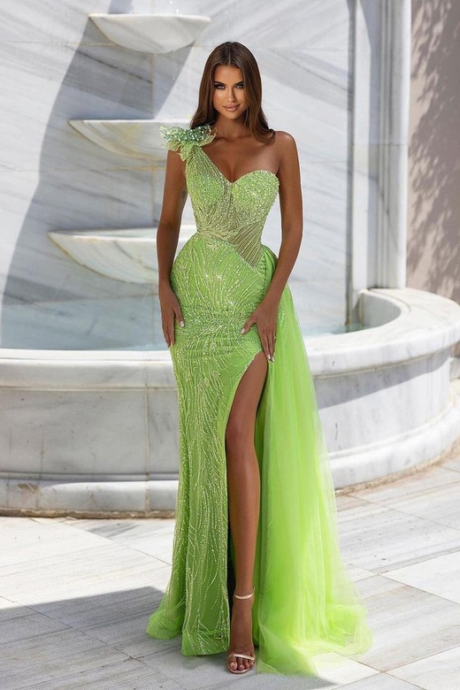 Sleeveless One Shoulder Lace Beaded Evening Prom Dresses