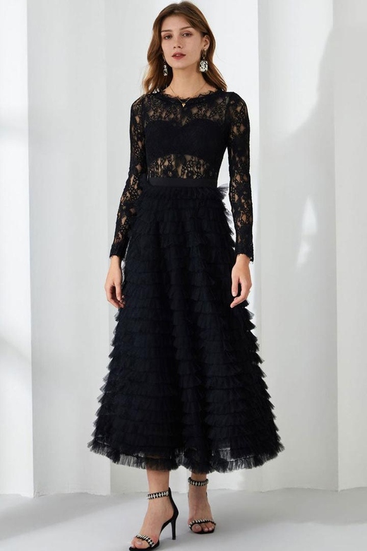 Black Chic Eyelash Lace Long Sleeve Tiered Ruffle Tulle