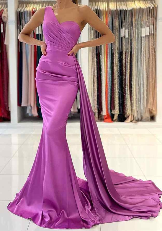 Stunning Trumpet/Mermaid One-Shoulder Sleeveless Satin Pleated Sweep Train Prom Dress