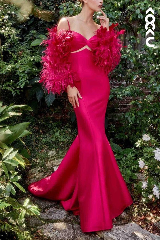 V-Neck Feather Long Sleeves Cut Outs Satin Mermaid Prom Gown