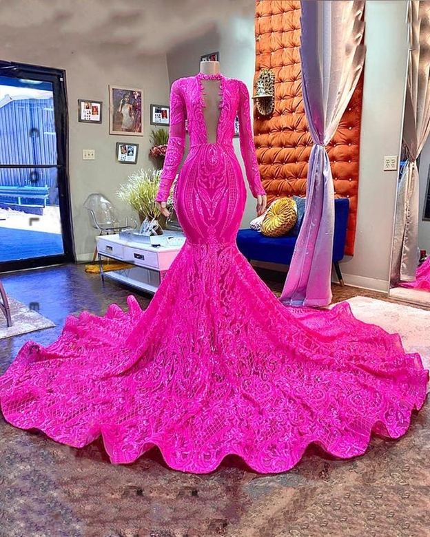 Long Sleeves Fuchsia Mermaid Prom Dress with Sequins