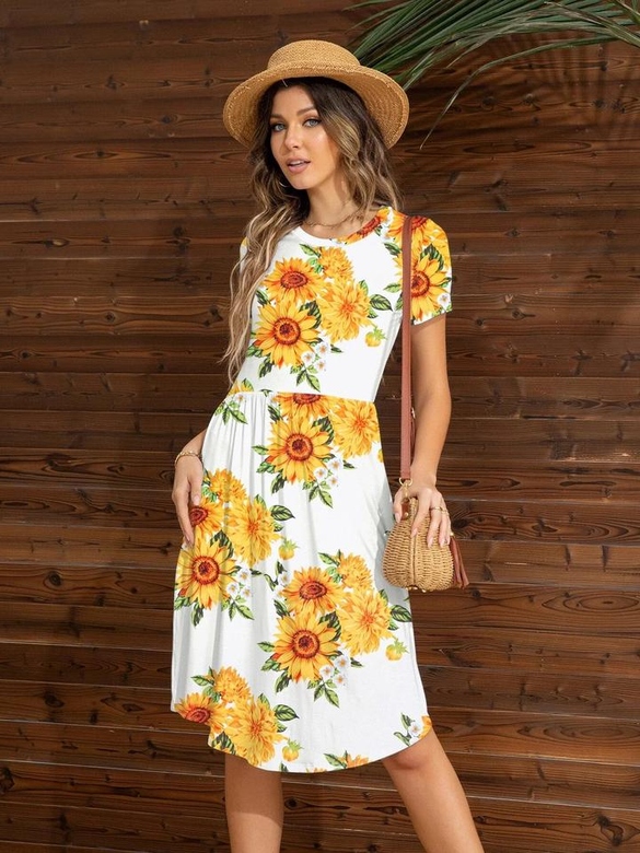 Sunflower Print Slant Pocket Dress for Sunny Disposition