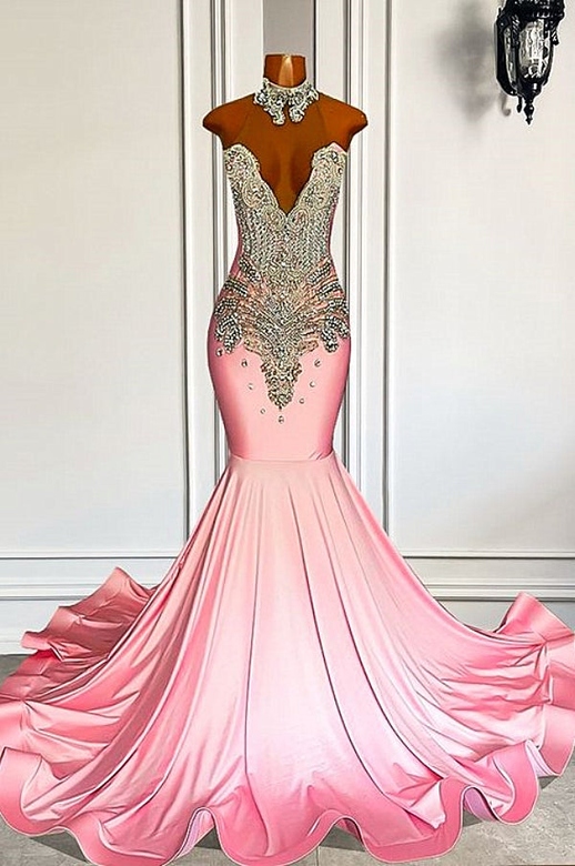 Fabulous Long Sweetheart Silver Beaded Pink Mermaid Satin Prom Party Dress