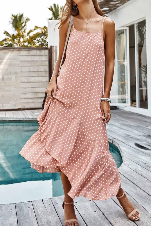 Polka Dot Spaghetti Straps Ruffled Maxi Dress for Playful Elegance