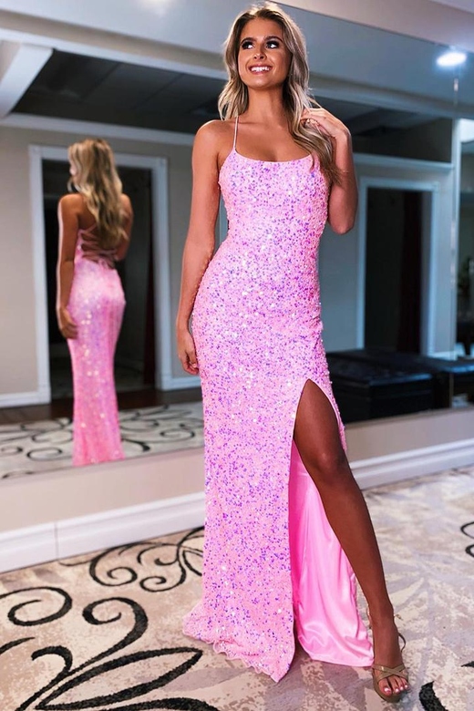 Sheath Straps Sequined Split Sleeveless Prom Dress