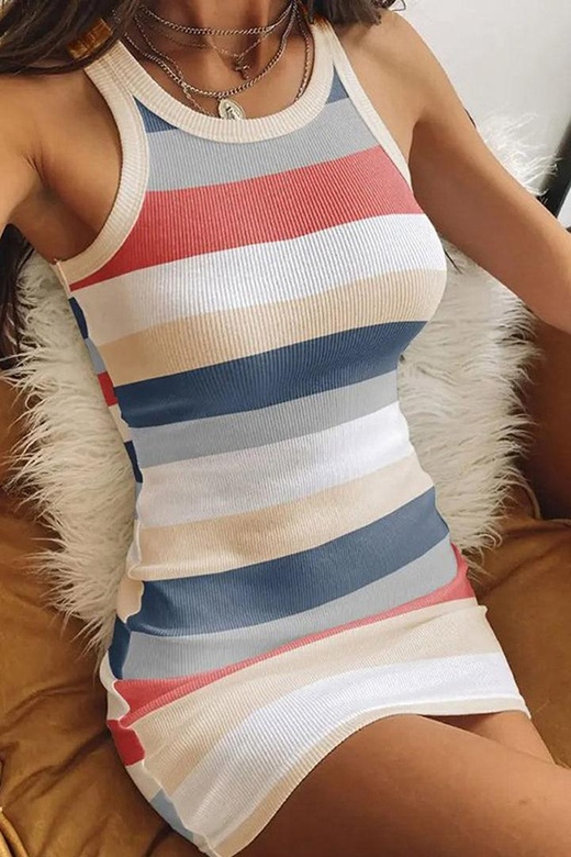 Striped Print Colorblock Contrast Binding Bodycon Dress