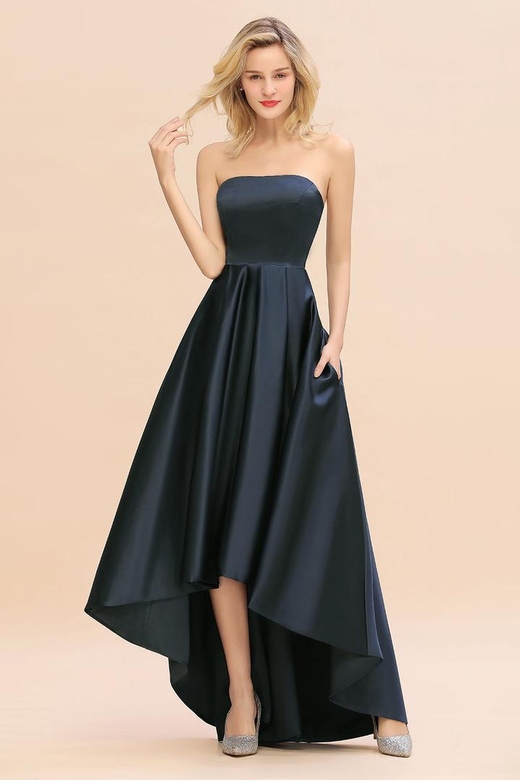 Affordable Hi-Lo Strapless Satin Bridesmaid Dresses