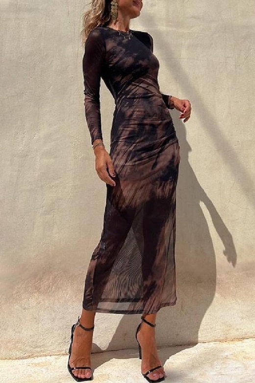 Vintage Gradual Change See-through O-Neck Long Sleeve Dresses