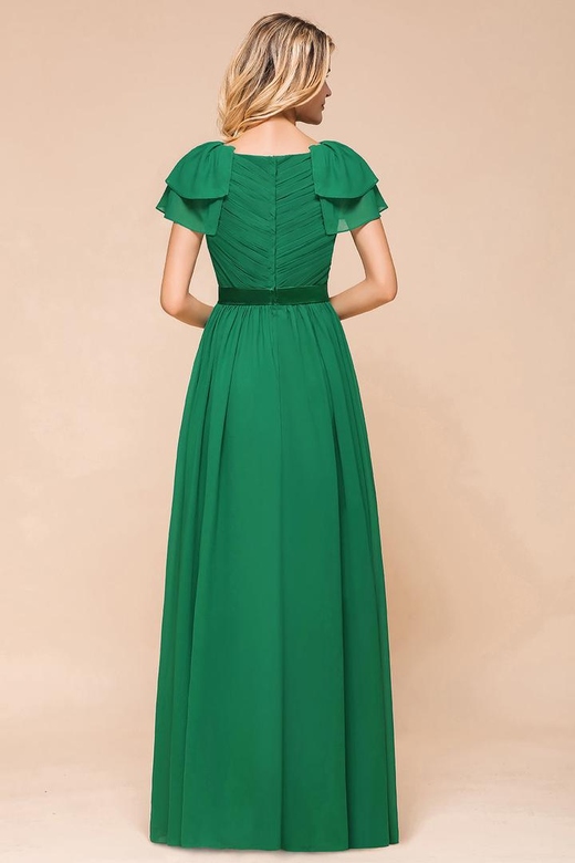 Emerald Short Sleeves Chiffon Ruffles Long Bridesmaid Dresses