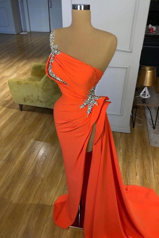 Silver Sequined One-Shoulder Orange High-Split Prom Dress