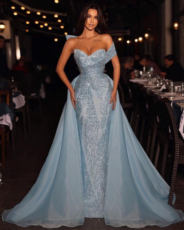 Gorgeous Blue Off-The-Shoulder Sequined A-Line Detachable Train Prom Gown