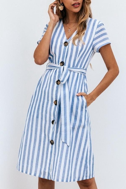 Stripe Pocket V-Neck Single Breasted Women's Dress