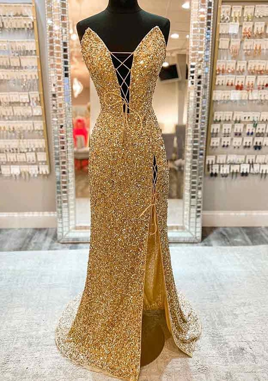 Velvet Sequins Prom Dress with Split Sheath/Column V-Neck and Sleeveless Sweep Train