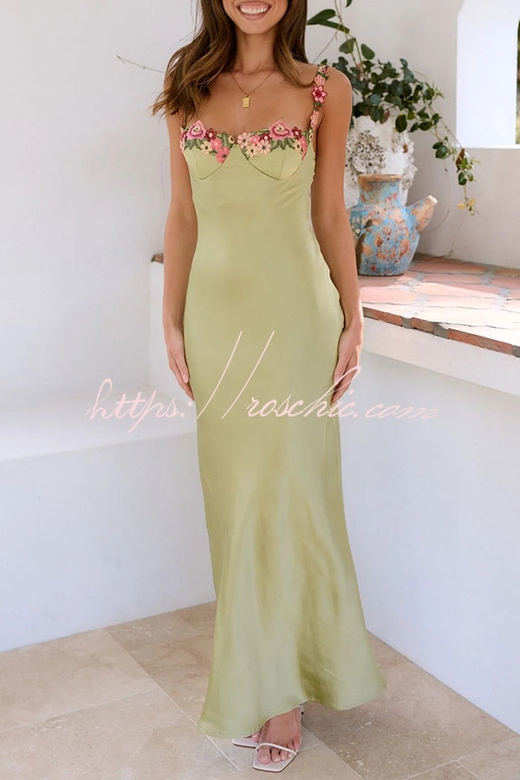 Endless Love Satin Embroidered Flower Trim Maxi