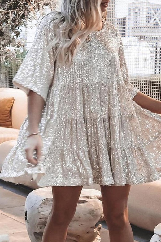 Solid Sequined O-Neck A-Line Dresses