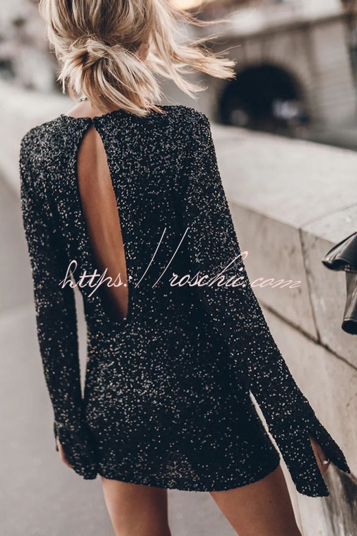 Flash Focus Sequin Long Slit Sleeves Open Back Mini