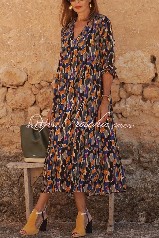 Multicolor Block Print V-Neck Loose Resort Midi