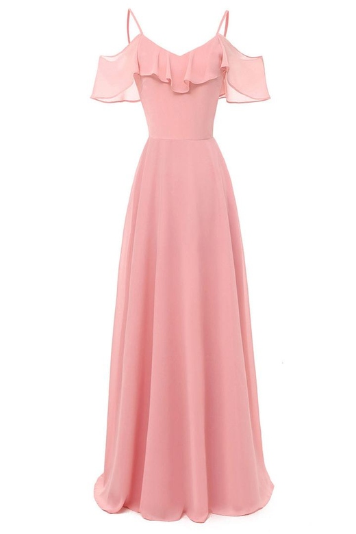 Pink Off-the-Shoulder Spaghetti Straps A-Line Bridesmaid Dress