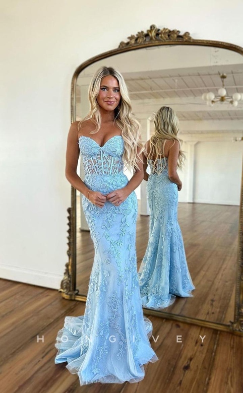 Sparkly Fully Lace Embroidered Illusion Strapless Mermaid Dress