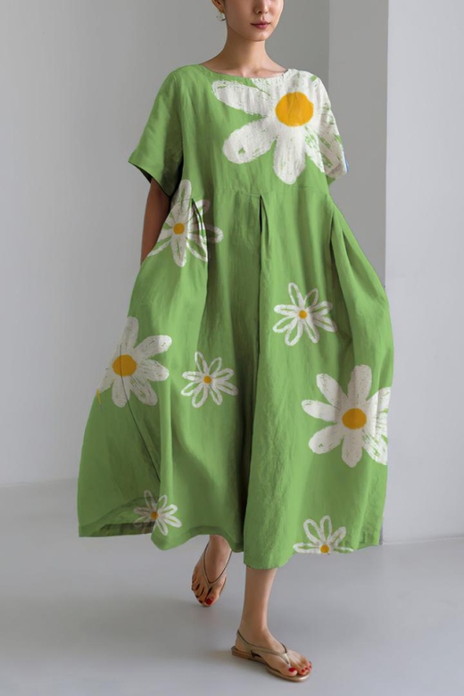 Summer Green Floral Loose Fit Dress for Warm Weather