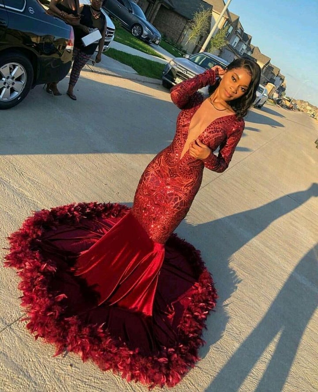 Burgundy Lace Sequins Long Sleeves Mermaid Prom Dress