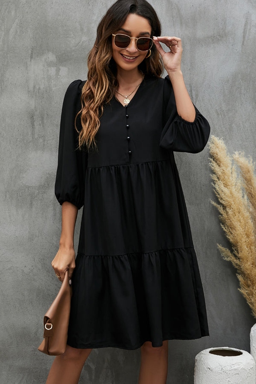 Solid Color V-Neck Button Up Dress for Versatile Wear